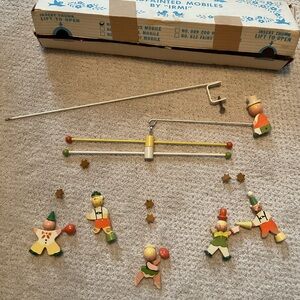 Vintage Irmi crib mobile, all parts with box, hand painted wood